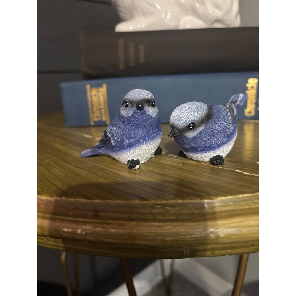 Blue Bird Figurines Set of 2 Resin Songbird Statues Blue Jay Decor Hand Painted